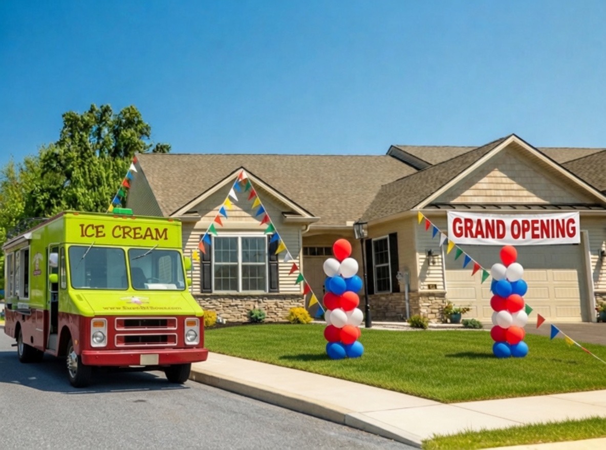Stone Hill North model home decorated for the Grand Opening &mdash; balloon columns, bunting, and the Sweet Willows Creamery ice cream truck parked at the curb